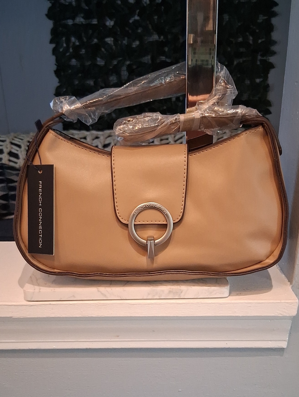 French Connection Beige Shoulder Bag with Silver Ring Accent